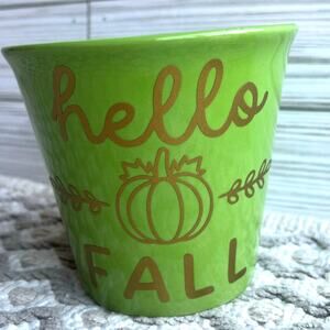 "HELLO FALL" Green with Gold Vinyl Sticker Ceramic Container Fall Decor
